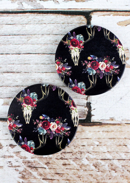 Floral Steer Skull Car Coaster